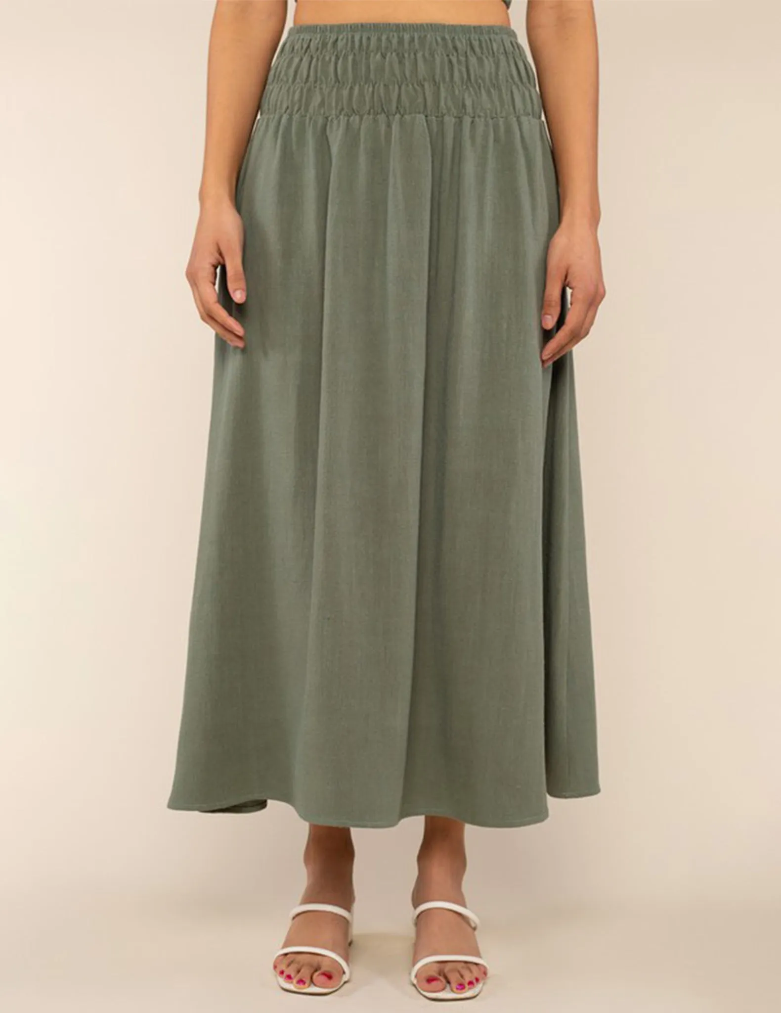 Teia Shirred Drop Waist Midi Skirt