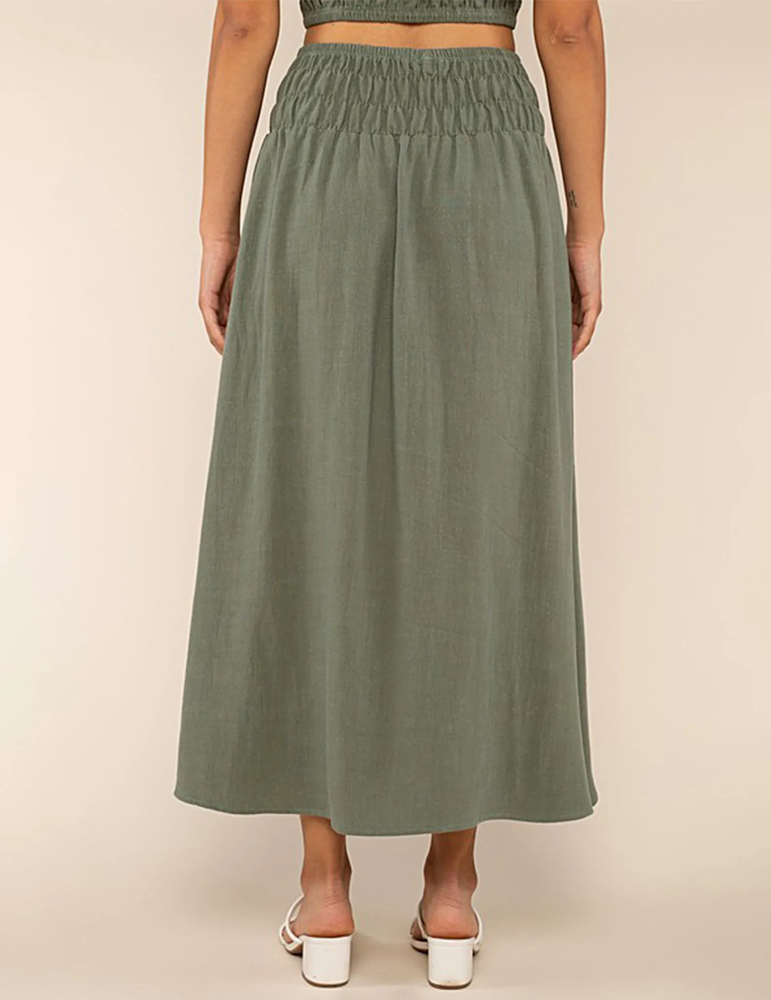 Teia Shirred Drop Waist Midi Skirt