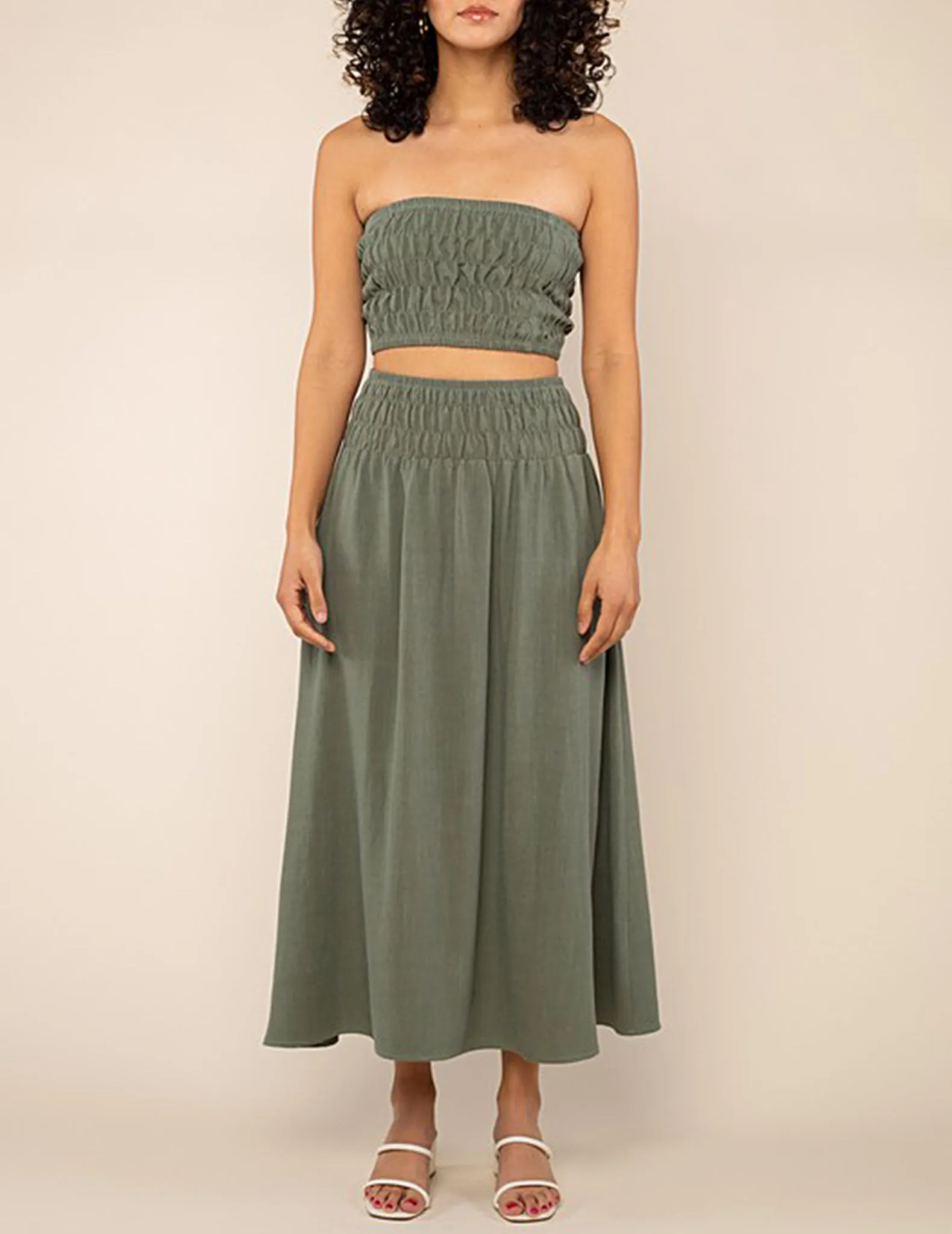 Teia Shirred Drop Waist Midi Skirt