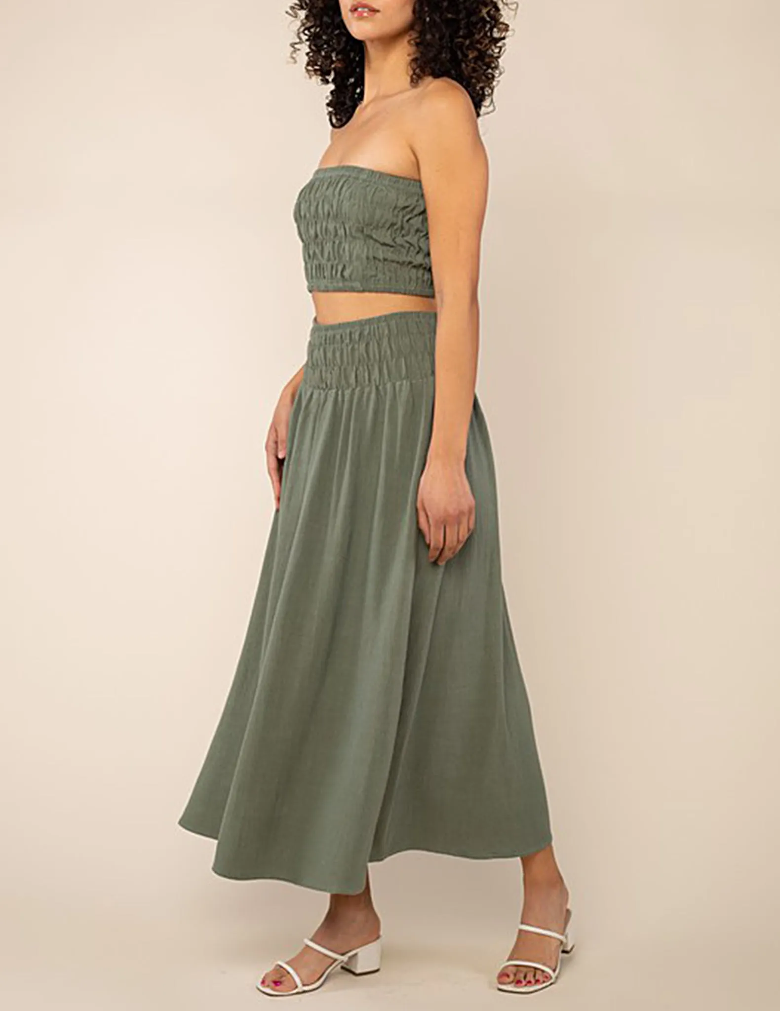 Teia Shirred Drop Waist Midi Skirt