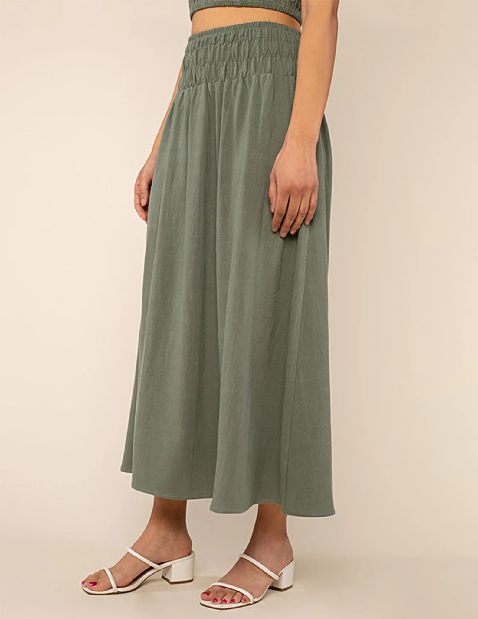 Teia Shirred Drop Waist Midi Skirt