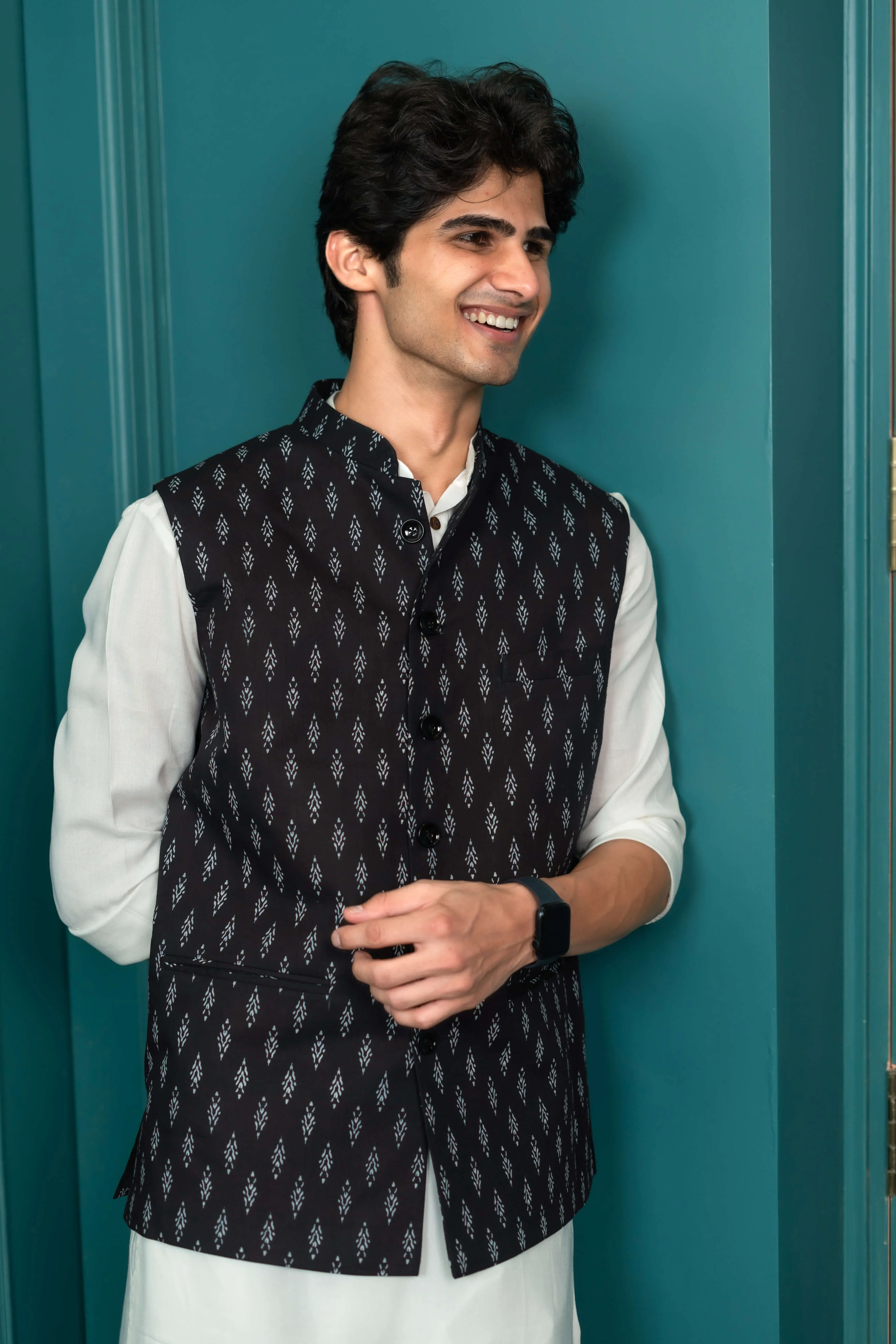 The Black Ikat Look Tribal Print Nehru Jacket