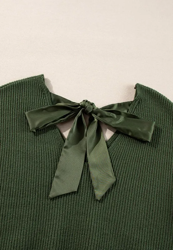 Tied Back V-Neck Long Sleeve Sweater Nude Tie Bow Long Sleeve Top