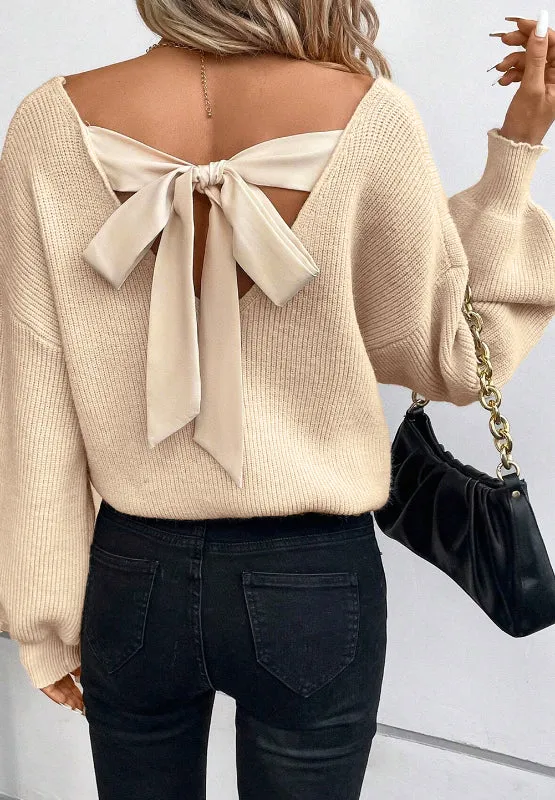 Tied Back V-Neck Long Sleeve Sweater Nude Tie Bow Long Sleeve Top