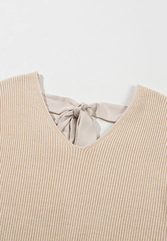 Tied Back V-Neck Long Sleeve Sweater Nude Tie Bow Long Sleeve Top