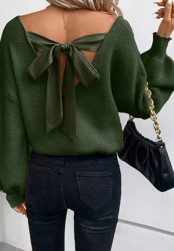 Tied Back V-Neck Long Sleeve Sweater Nude Tie Bow Long Sleeve Top