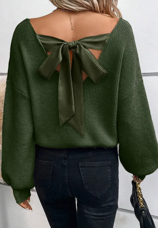 Tied Back V-Neck Long Sleeve Sweater Nude Tie Bow Long Sleeve Top