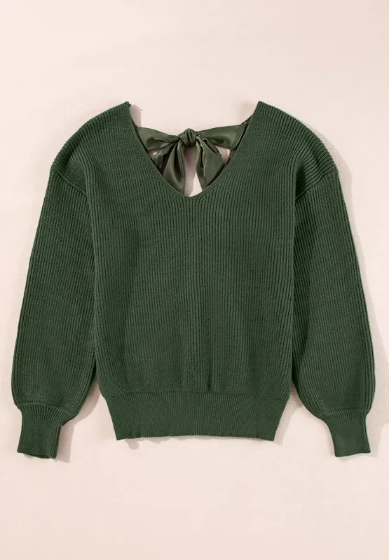 Tied Back V-Neck Long Sleeve Sweater Nude Tie Bow Long Sleeve Top