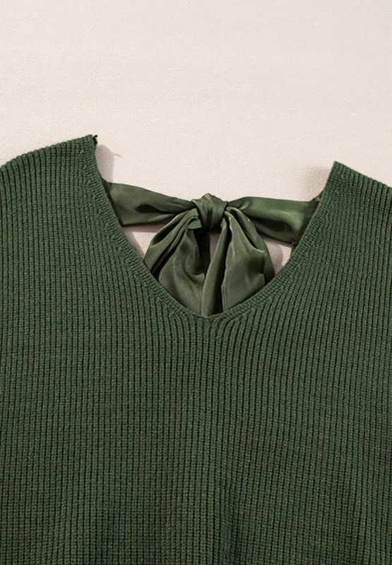 Tied Back V-Neck Long Sleeve Sweater Nude Tie Bow Long Sleeve Top