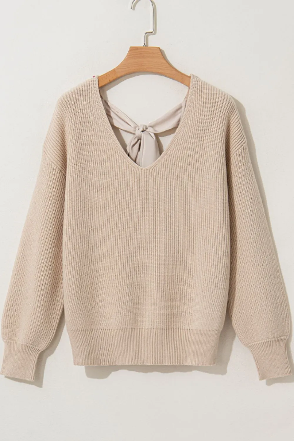 Tied Back V-Neck Long Sleeve Sweater Nude Tie Bow Long Sleeve Top