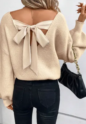 Tied Back V-Neck Long Sleeve Sweater Nude Tie Bow Long Sleeve Top