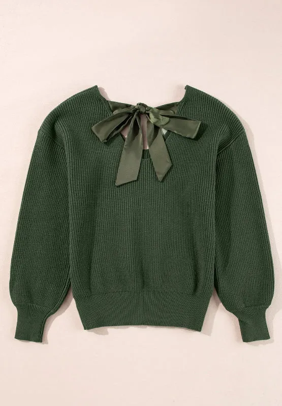 Tied Back V-Neck Long Sleeve Sweater Nude Tie Bow Long Sleeve Top