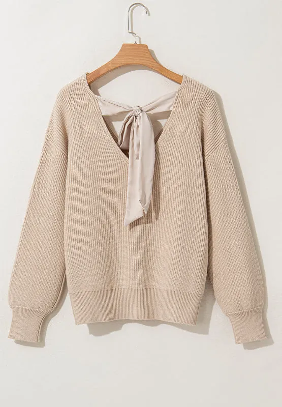 Tied Back V-Neck Long Sleeve Sweater Nude Tie Bow Long Sleeve Top