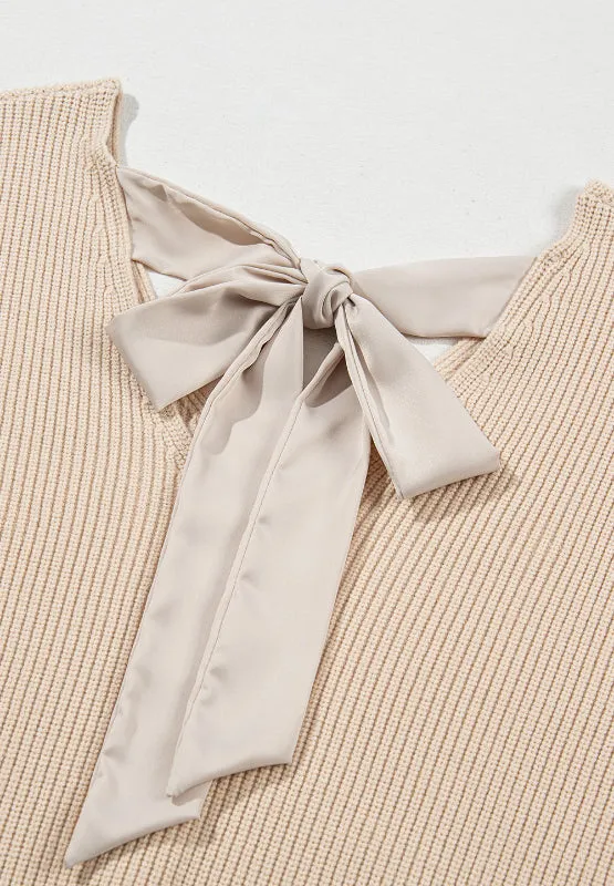 Tied Back V-Neck Long Sleeve Sweater Nude Tie Bow Long Sleeve Top