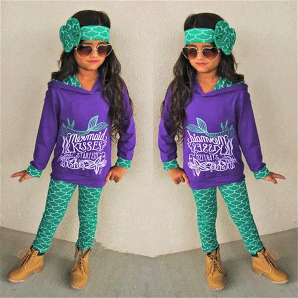 Toddler Girls Mermaid Hooded Long Sleeve Top & Pants Girl Wholesale