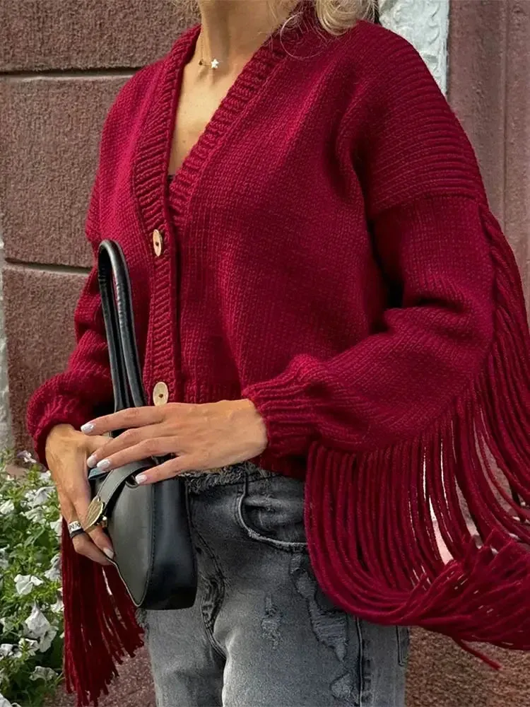 Wenkouban-Christmas Thanksgiving outfits_Red Tassels Patchwork V Neck Single-Breasted Loose Christmas Sweater