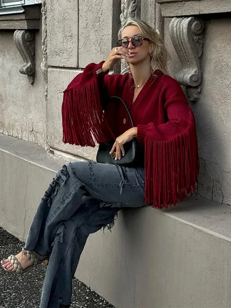 Wenkouban-Christmas Thanksgiving outfits_Red Tassels Patchwork V Neck Single-Breasted Loose Christmas Sweater