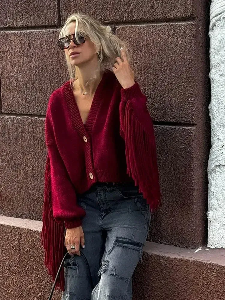 Wenkouban-Christmas Thanksgiving outfits_Red Tassels Patchwork V Neck Single-Breasted Loose Christmas Sweater