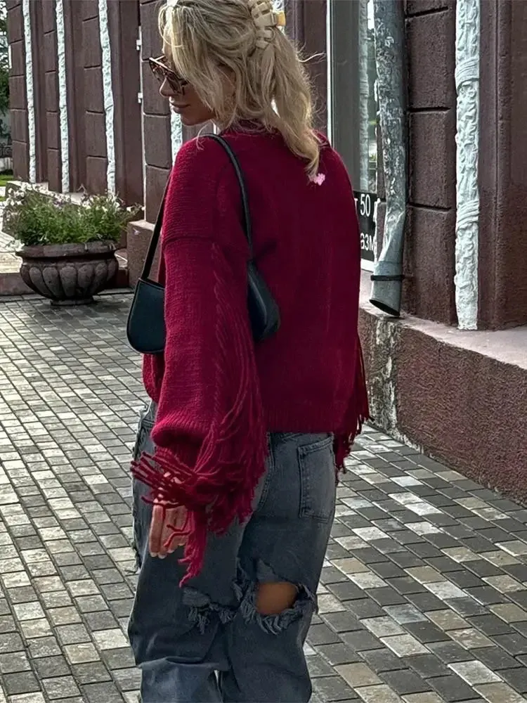 Wenkouban-Christmas Thanksgiving outfits_Red Tassels Patchwork V Neck Single-Breasted Loose Christmas Sweater