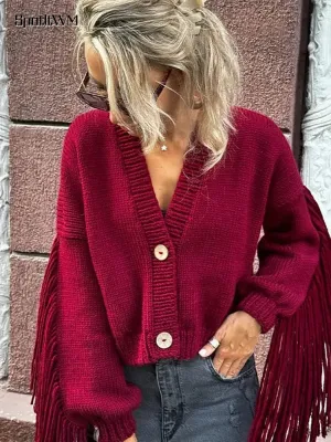 Wenkouban-Christmas Thanksgiving outfits_Red Tassels Patchwork V Neck Single-Breasted Loose Christmas Sweater