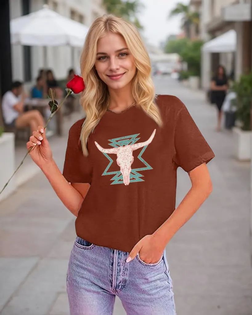 Western Shirts for Women Vintage Cow Skull Graphic Tshirts Casual Cowgirl Short Sleeve Tee Top