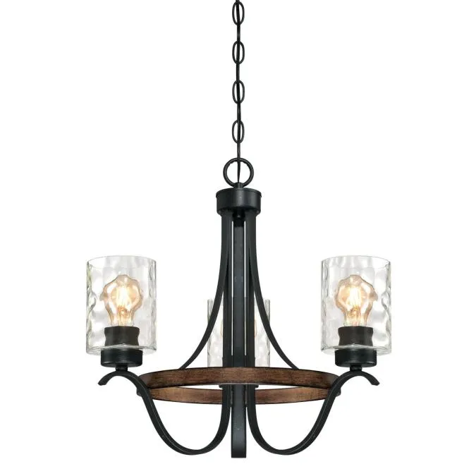 Westinghouse 6331800 3 Light Chandelier Textured Iron and Barnwood Finish with Clear Hammered Glass