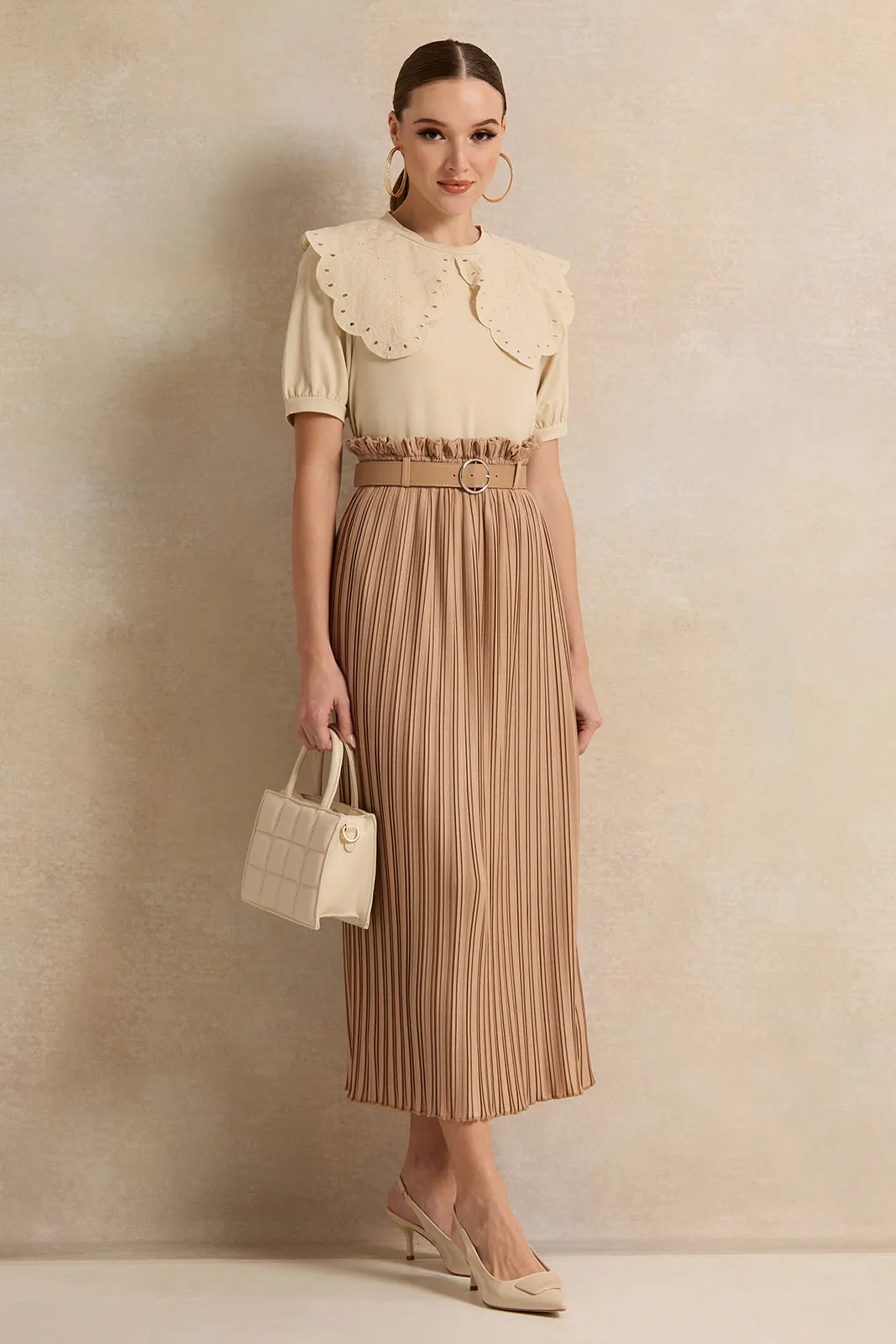 Women Beige Peter Pan Collar Top