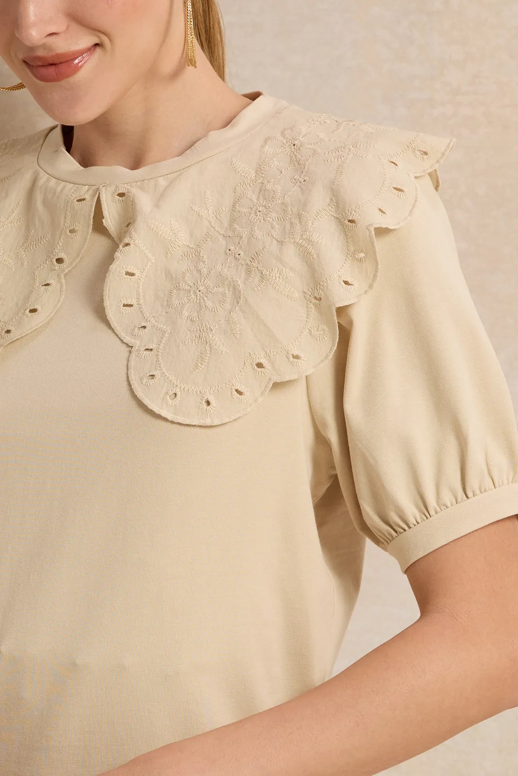 Women Beige Peter Pan Collar Top