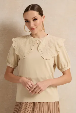Women Beige Peter Pan Collar Top