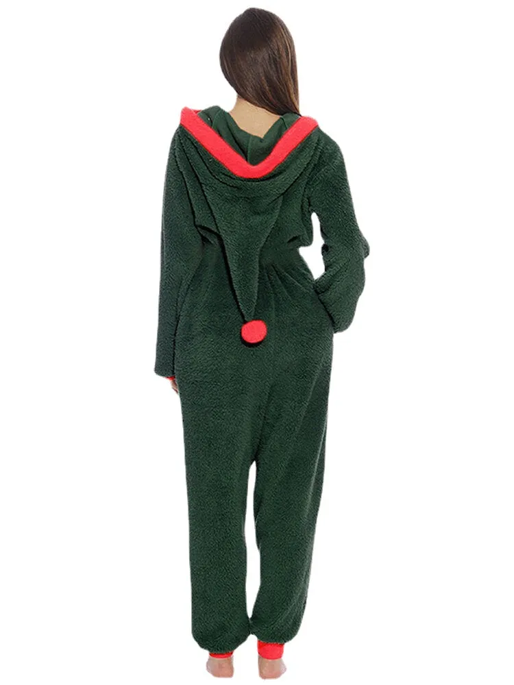 Women Cute Hooded Long Sleeve Fleece Cozy Warm Solid Color Sleepwear Jumpsuits