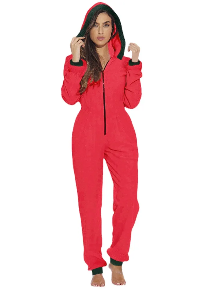 Women Cute Hooded Long Sleeve Fleece Cozy Warm Solid Color Sleepwear Jumpsuits