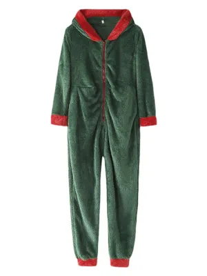 Women Cute Hooded Long Sleeve Fleece Cozy Warm Solid Color Sleepwear Jumpsuits
