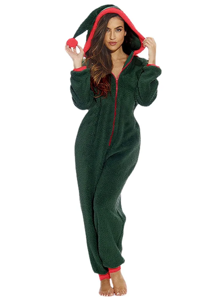 Women Cute Hooded Long Sleeve Fleece Cozy Warm Solid Color Sleepwear Jumpsuits