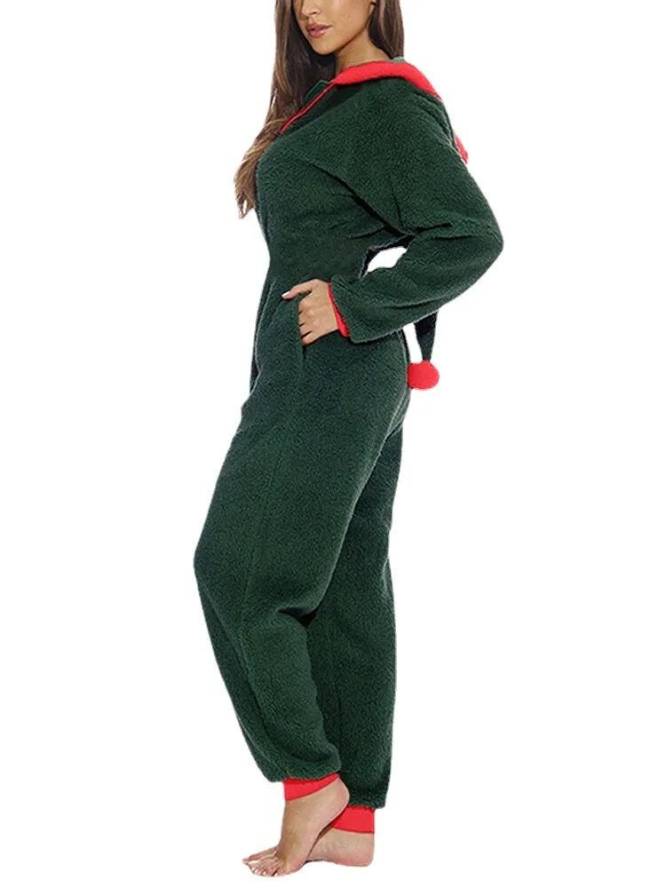 Women Cute Hooded Long Sleeve Fleece Cozy Warm Solid Color Sleepwear Jumpsuits