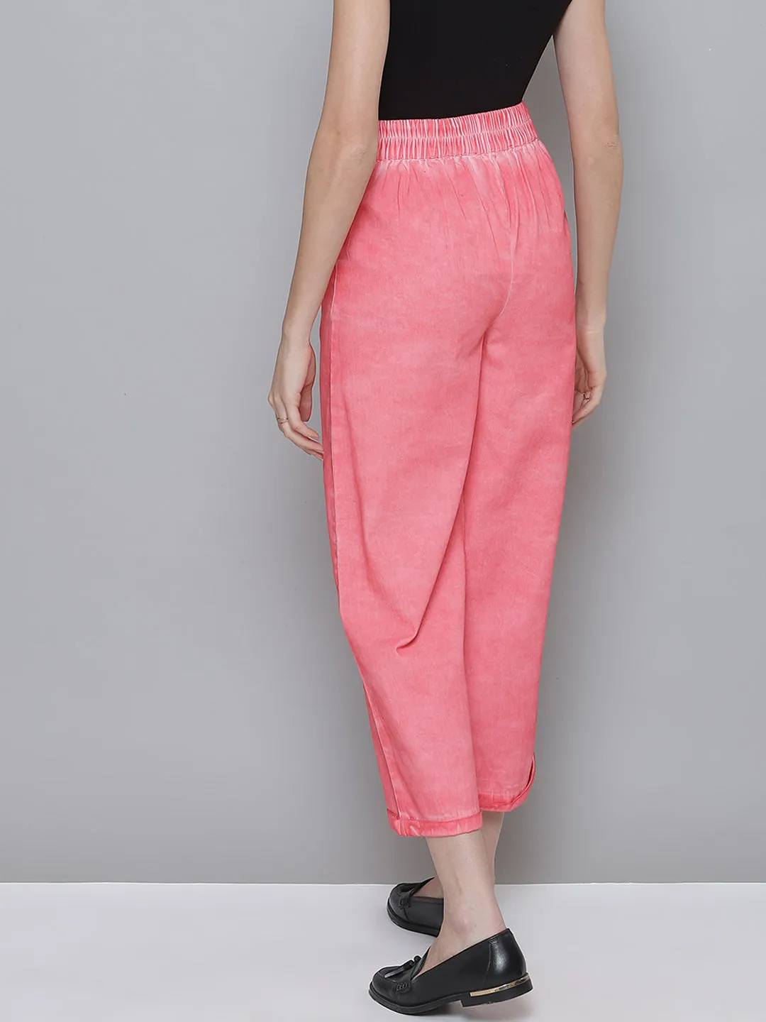 Women Pink Twill Pigment Wash Straight Pants