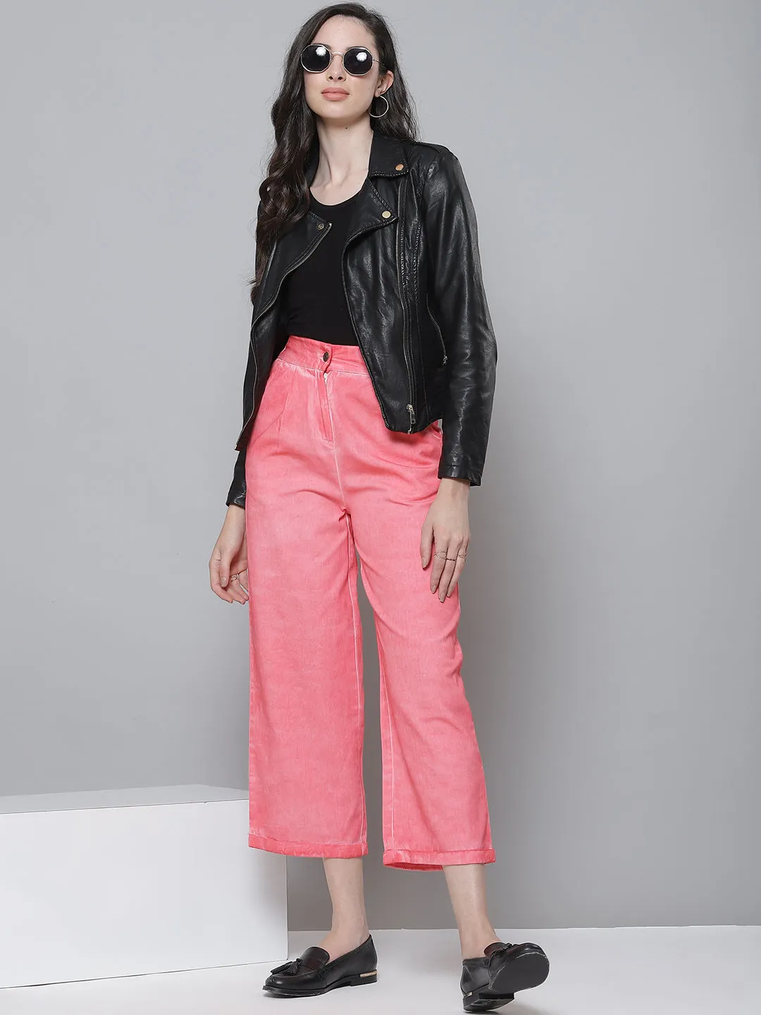 Women Pink Twill Pigment Wash Straight Pants