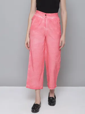 Women Pink Twill Pigment Wash Straight Pants
