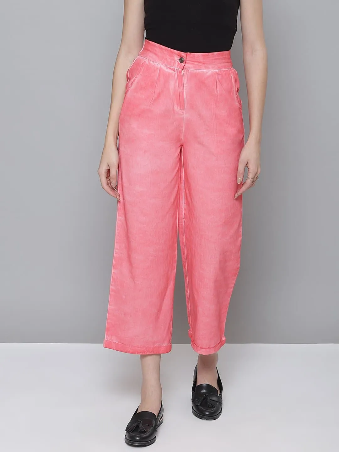 Women Pink Twill Pigment Wash Straight Pants