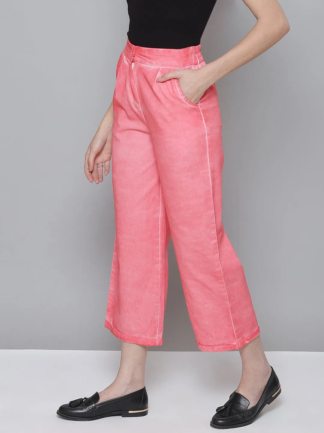 Women Pink Twill Pigment Wash Straight Pants
