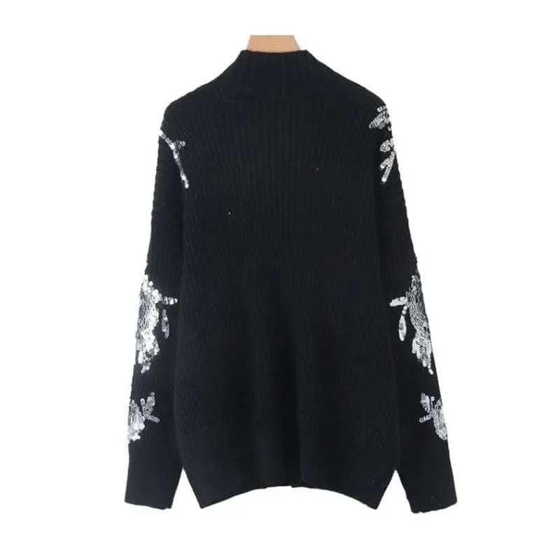 Women Sequined Flower Knitted Sweater