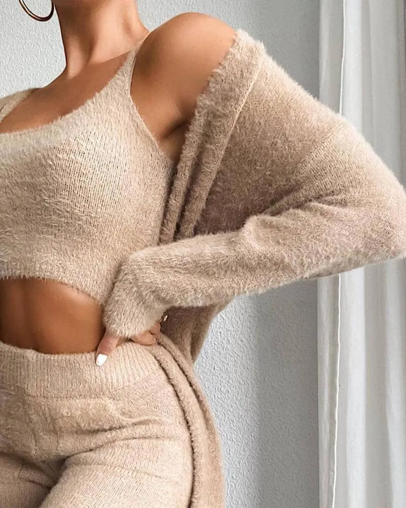 Women's fluffy warm downy fleece open-front cardigans, jackets, midriff-baring top pants, pajama sets
