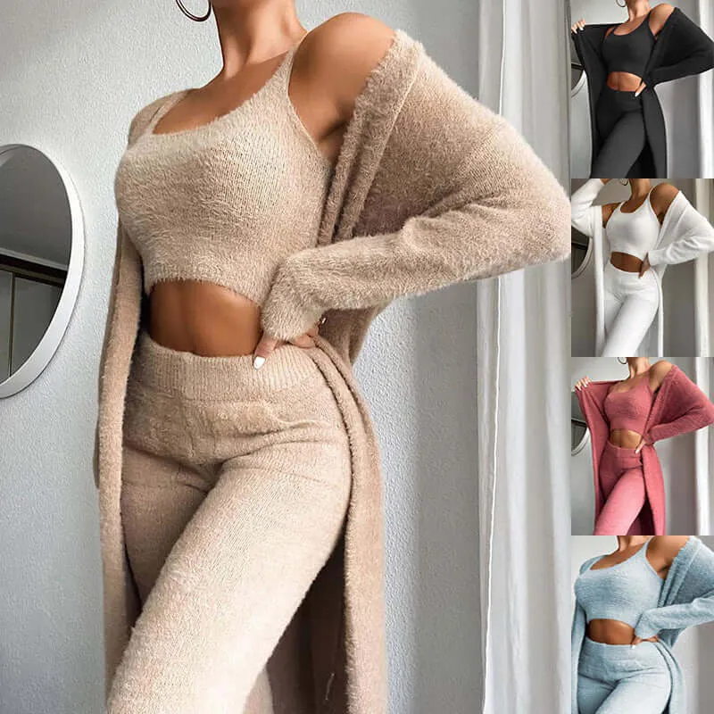 Women's fluffy warm downy fleece open-front cardigans, jackets, midriff-baring top pants, pajama sets
