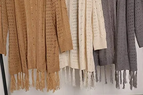 Womens Knit Cardigans Open Front Hollow Out Crochet Tassel Long Sleeve Sweater Coat
