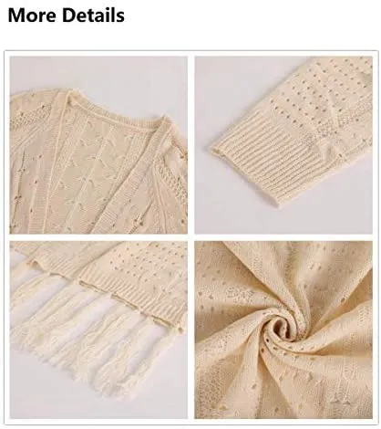 Womens Knit Cardigans Open Front Hollow Out Crochet Tassel Long Sleeve Sweater Coat