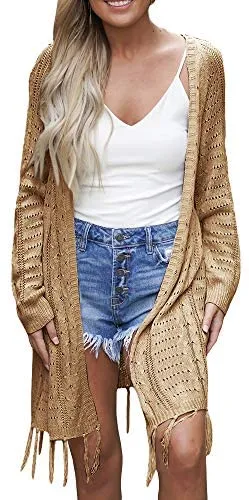 Womens Knit Cardigans Open Front Hollow Out Crochet Tassel Long Sleeve Sweater Coat