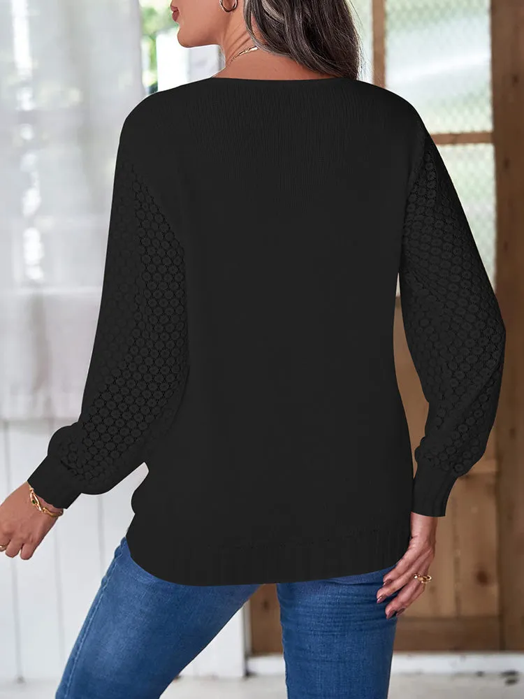 Women's Long Sleeve Lace V Neck Knit Loose Pullover Sweaters