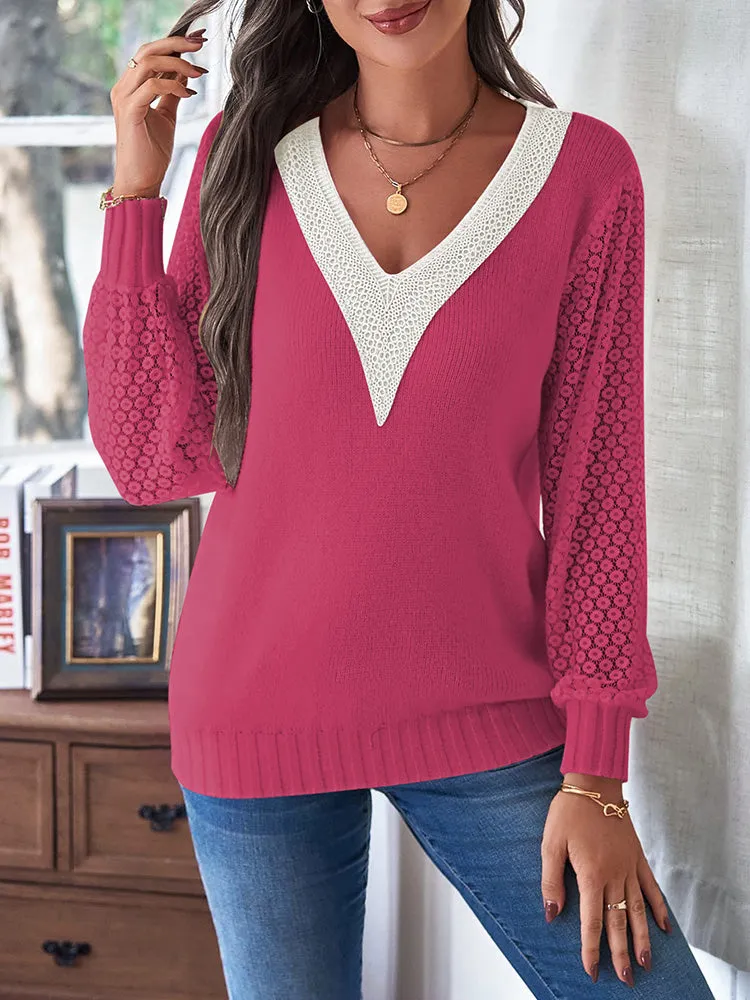 Women's Long Sleeve Lace V Neck Knit Loose Pullover Sweaters