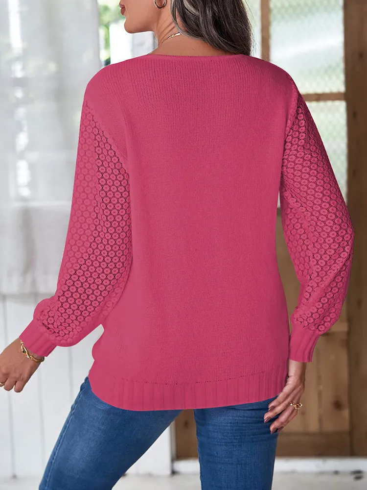 Women's Long Sleeve Lace V Neck Knit Loose Pullover Sweaters