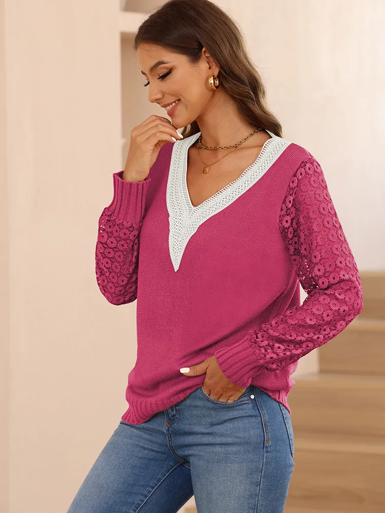 Women's Long Sleeve Lace V Neck Knit Loose Pullover Sweaters