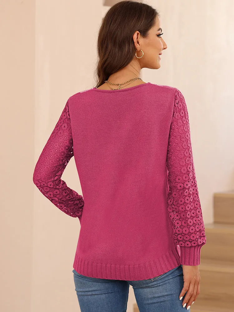 Women's Long Sleeve Lace V Neck Knit Loose Pullover Sweaters